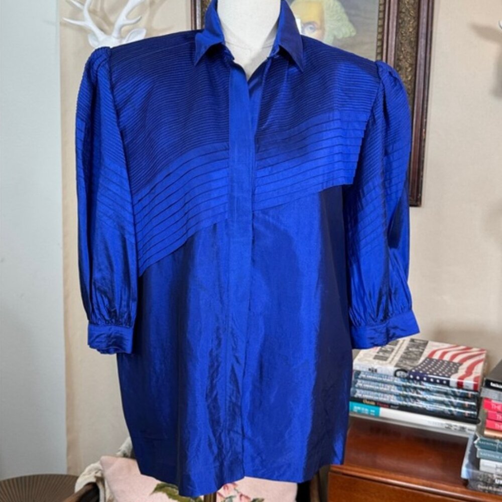 Marisa Baratelli 100%Thai Silk Royal Blue Handmade Blouse women XL